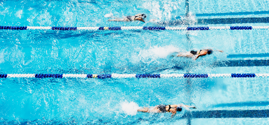 3 swimmers swimming in lanes