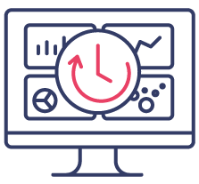 Four screens with a clock icon
