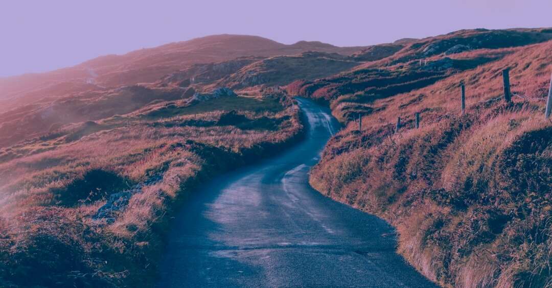 Road going up a hill with yellow grass